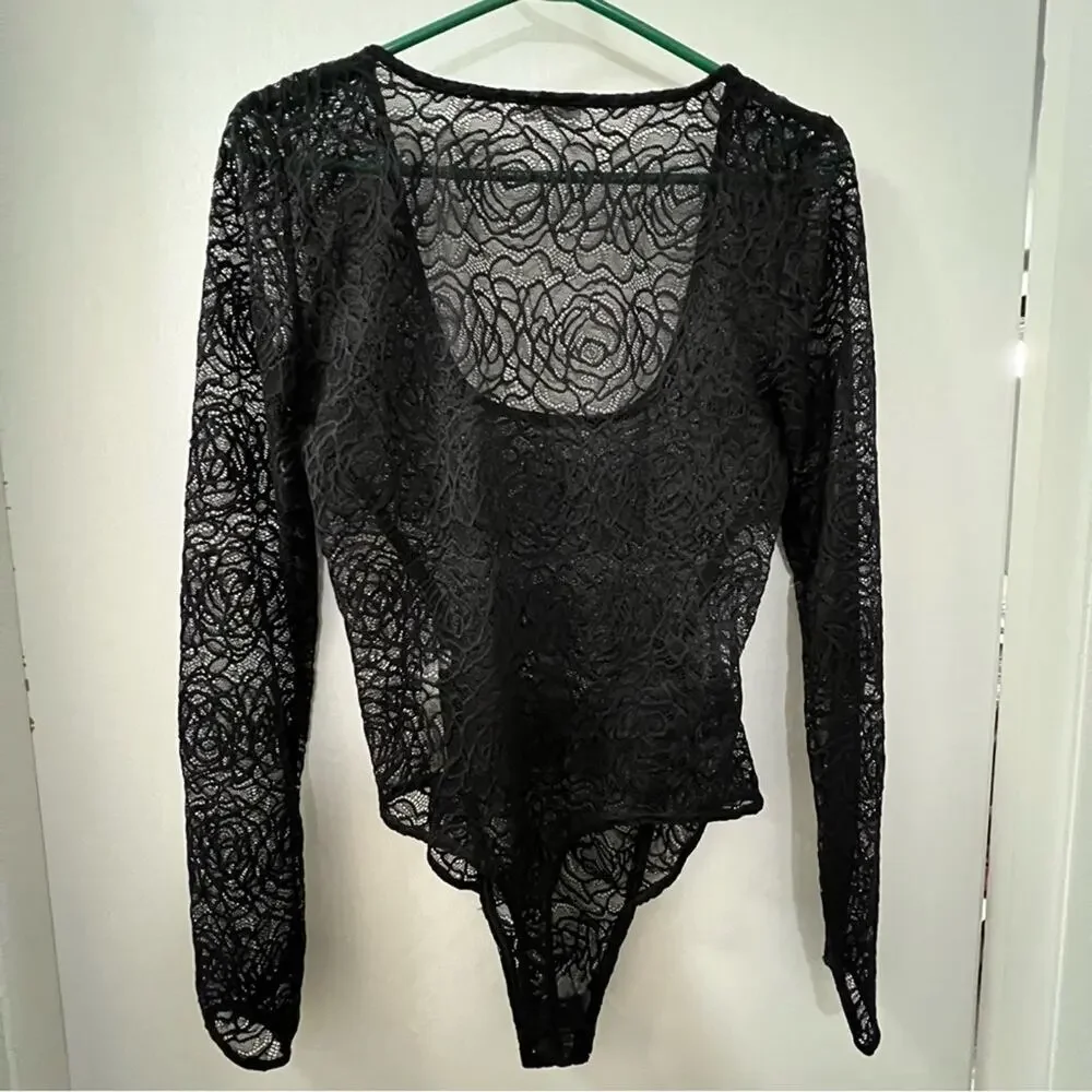 Free People Black Lace In My Head Bodysuit